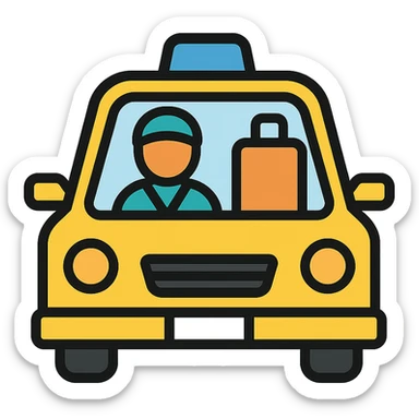 A migrant in a taxi, lineal color icon with black outlines sticker