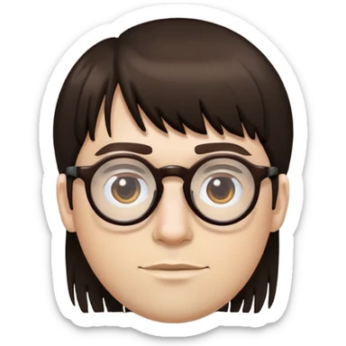 a white guy with a dark brown fringe and almost round glass sticker