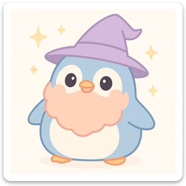 a chubby penguin wizard with a big beard and pointy hat surrounded by sparkles, playful vibrant style sticker