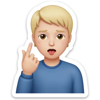 blushing holding up middle finger in one hand and choking self with other sticker