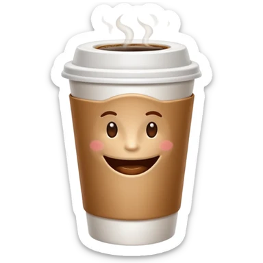 one all white coffee take away cup with coffee, no lid,  and a small brown smiling mouth in the middle front. No eyes, no cheeks, no nose, only a small smiling mouth sticker