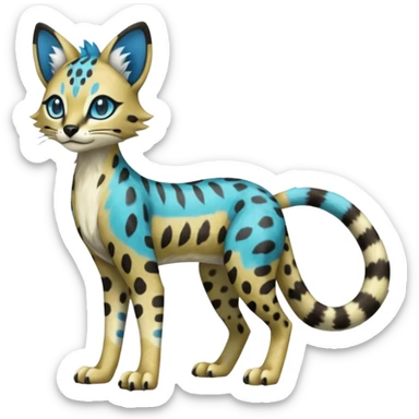 Colorful Meloetta-Sergal-Serval-Civet-Genet-Pokémon-Digimon-Fakémon-fusion-hybrid-creature with Cyan stripes and blue leopard-spot-markings  sticker