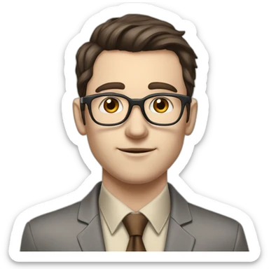 Pale skinned fit man with dark brown hair in gray jacket, beige office shirt, brown tie, brown pants and vintage glasses Writing on the flipchart sticker