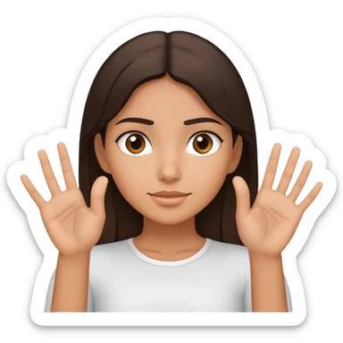 using whole hands to point at someone with hands vertically next to head of hispanic brunette girl sticker