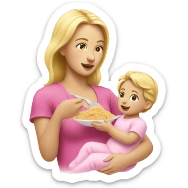 blonde woman feeding baby. pink sticker