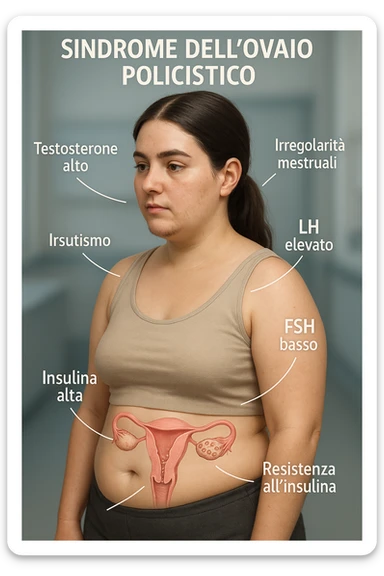 medical 3D vertical image 2:3 representing a woman with PCOS clearly showing imbalance of main hormones testosterone, LH, FSH, insulin and problems they can cause, clinical atmosphere, realistic details, captions in Italian sticker