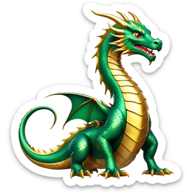 cinematic-noble-dragon-full body-emoji,-poised-and-majestic,-with-a-sinuous,-elongated-build-and-shimmering,-scale-covered-skin-in-hues-of-emerald-and-gold,-piercing,-fiery-eyes,-simplified-yet-sharp-and-sophisticated-features,-highly-detailed, zoomed out showing the serpentine body sticker