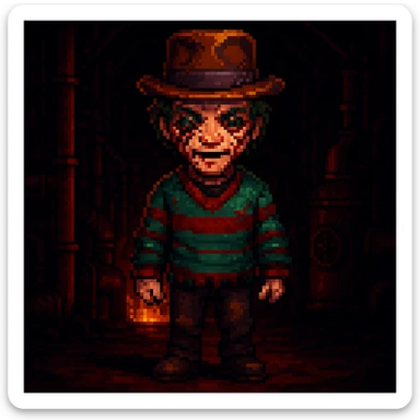 Add a spooky, nightmarish background with a boiler room and dark shadows behind Freddy Krueger, keep pixel art style sticker