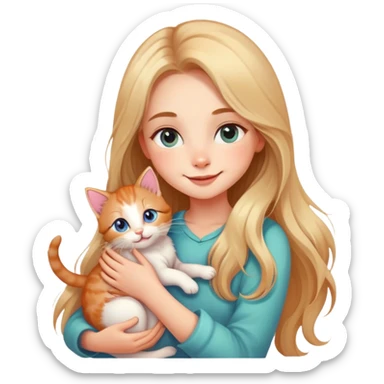 "Create a cute emoji of a beautiful girl holding a small kitten in her arms. The girl has soft features, long flowing hair, and a gentle smile. The kitten looks cozy and happy. The style should be colorful, charming, and expressive, with big sparkling eyes and a warm, loving vibe." sticker