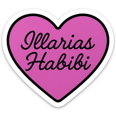 Change the font of the text 'Illarias Habibi' to a script or handwritten style, keeping the black and purple heart design with no background. sticker