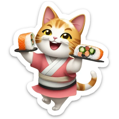 happy girl cat eating sushi and dancing sticker