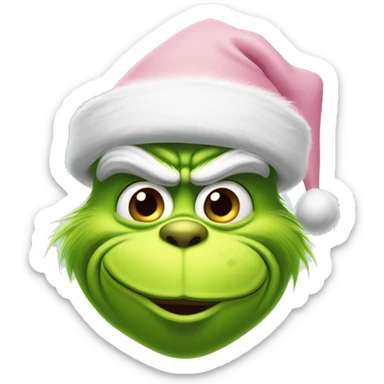 grinch face with a smirk wearing a light pink santa hat sticker