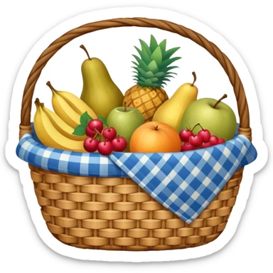 blue plaid lining basket with both food, drink and fruits sticker