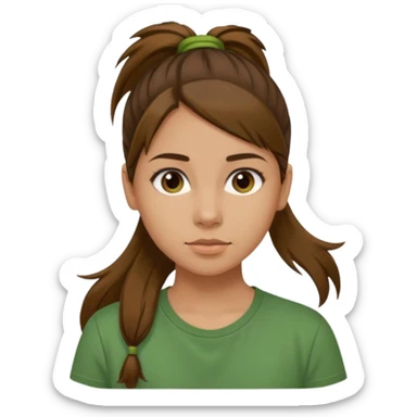 Make a zumba coach emoji, brown eyes, brown hair girl, green shirt with the "the roots" on it, longer pony tail hair sticker