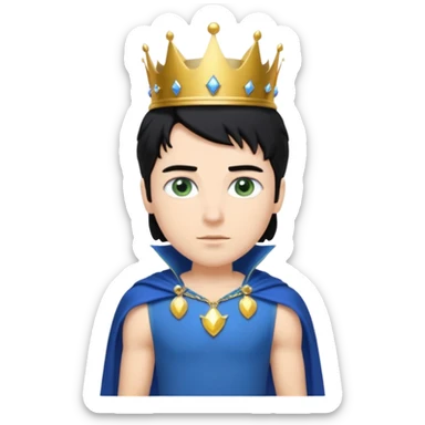 Prince with crown, blue cape and trousers, body and legs, black hair, blue eyes, woman blonde hair, green eyes, sexy white short sleveless dress,  sticker
