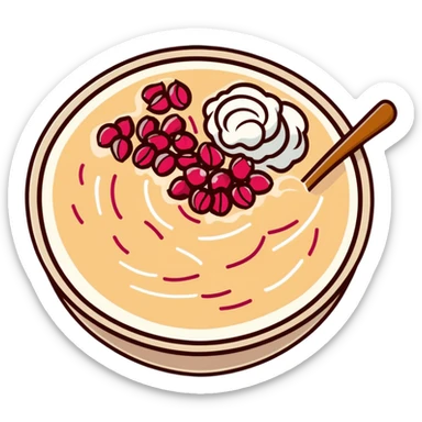 steaming bowl of oatmeal with a dollop of peanut butter, sprinkle of coconut flakes, and fresh pomegranate arils sticker