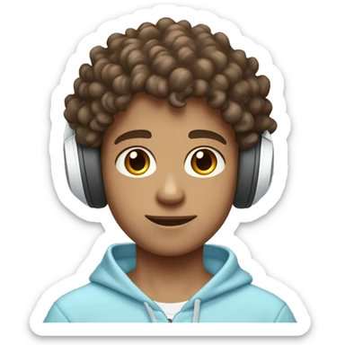 brown short curly haired brown eyed boy who is peach skinned wearing a white wireless headset and light blue hoodie sticker