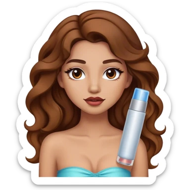 Girl with long wavy brown hair with a tube top and makeup sticker