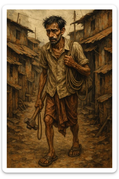 expressive illustration of a struggling Indian father, thin and tired, walking to work in old sandals, carrying tools, slum background sticker