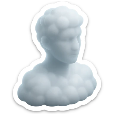 person looking straight, fully made of white fluffy convex clouds, shoulder up, matte glass style sticker