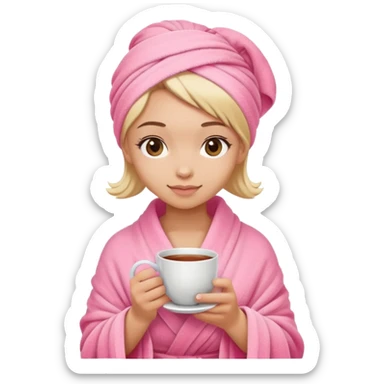 girl hair wrapped in pink towel holding tea with hands sticker