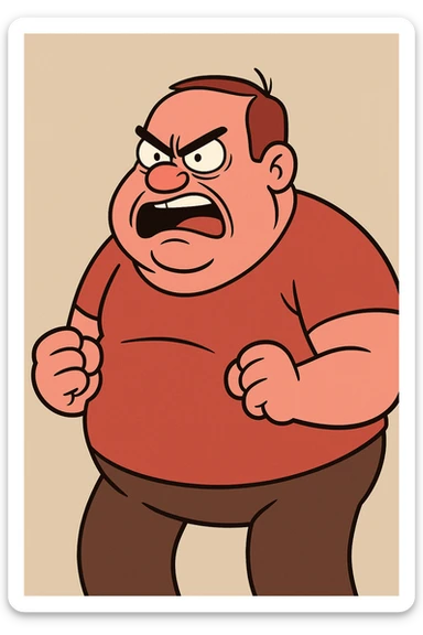red angry fat man, cartoon style, exaggerated features, bold expression sticker