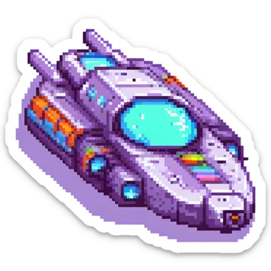 A pixel art style space cruiser with a retro design, blocky shapes, and a neon color scheme. sticker