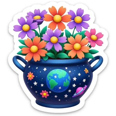 Space-Painted Clay Pot of Space-Petalled Flowers,  sticker