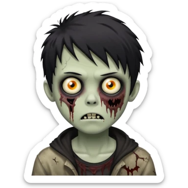 creepy zombie boy, black shaggy hair, emo style, dark and spooky sticker