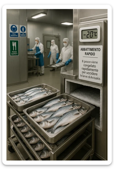 a fish processing facility where freshly caught fish are placed on trays and moved into a large industrial freezer. A temperature gauge shows -20°C, and an educational label explains that rapid freezing (abbattimento) is used to kill Anisakis larvae. The background includes workers in protective clothing and clear signage about food safety. in italiano sticker