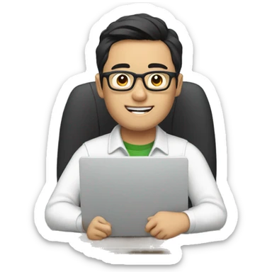 Asian guy with glasses editing videos on a computer sticker