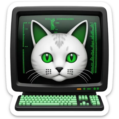 mac os icon code computer retro terminal, black, green white, cat draw as ASCII code inside the terminal sticker