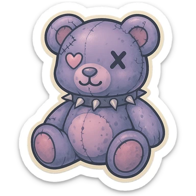 Turn this image into a zombie bear with pastel goth colors, wearing a spiked collar, in retro stickers style, with no background. sticker