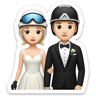 a recently marries couple skiing, ski helmet on in wedding dress and tux sticker