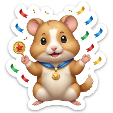 Cute cartoon-style hamster throwing confetti, holding a tiny medal, joyful expression. Painterly shading, white background, sticker-style illustration sticker