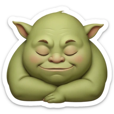 Meme-Worthy Cute Sleeping Ogre Portrait Emoji, with a surprisingly endearing, plump figure in soft earthy greens and browns, head drooping gently with closed, relaxed eyes and a content, sleepy grin, simplified yet adorably detailed, glowing with a soft warm outline that captures the peaceful slumber of a friendly ogre after a day of gentle mischief! sticker