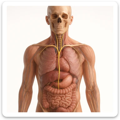 realistic 4K image of human body with vagus nerve highlighted, front view, anatomical details, visible path of vagus nerve, transparency on internal organs, natural colors, white background sticker