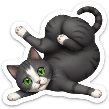 beautiful female solid dark grey cat with green eyes, white toes/paws and white patch on her chest playfully rolling upside down sticker
