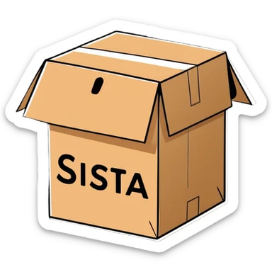 cardboard box with the word SISTA printed on it, clear and legible, cartoon sticker style sticker