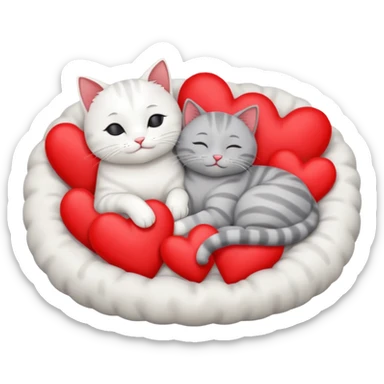 White cat and gray cat sleeping together in a bed full of hearts sticker