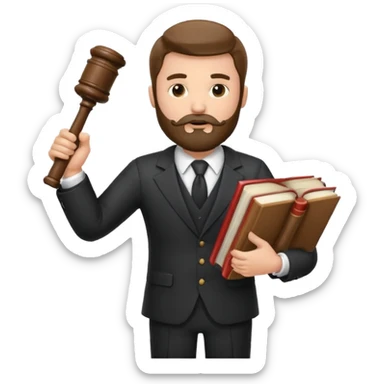 Create a male lawyer. he is wearing a fromal suit jckeret. He is holding a gavel in one hand and a book tucked under his another arm. He has beard  sticker