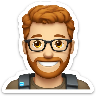 happy men with blue eyes, brown hair and red beard with glasses coding on computer sticker