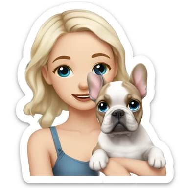  Girl light-skinned and fair-haired blue eyes with a French bulldog merle puppy sticker
