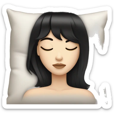 Woman pale skin black hair with bangs sleeping in bed with pillow, white woman sticker