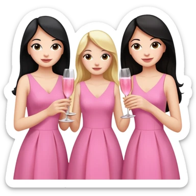 Three woman, one with black hair, the other with brown hair and the last one with long blonde hair the three with pink different dresses celebrating with pink champagne sticker