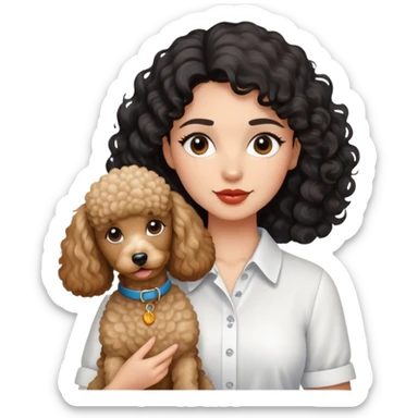 A black wavy haired, fair-skinned woman in a white shirt, with a poodle dog sticker