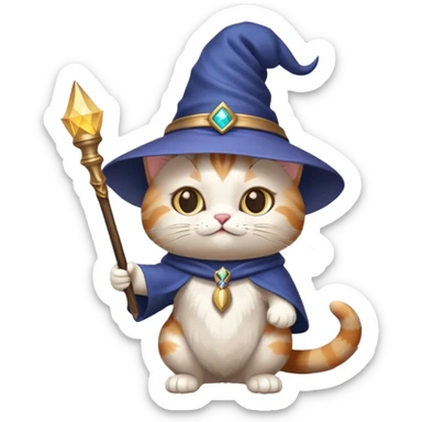 cat wizard with a pointed hat and magic wand sticker
