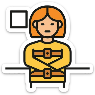 Add a simple room background to the woman in a straitjacket in color outline icon style. sticker