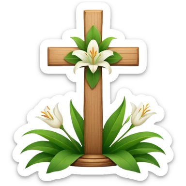 A wooden cross with lilies around the base sticker