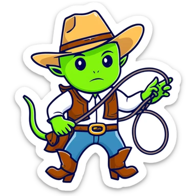 Green alien cowboy with cowboy hat and lasso sticker